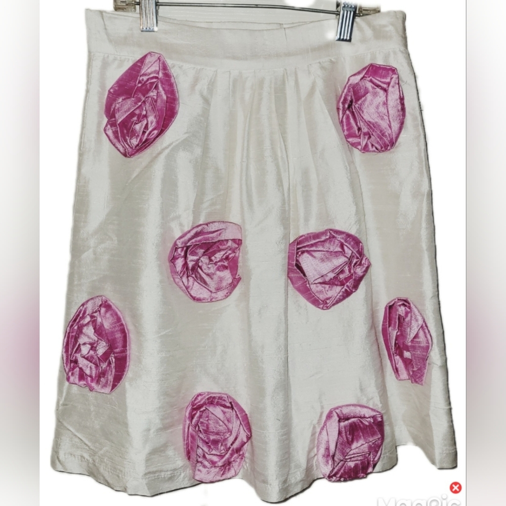 Rachel & Co. White Silk Midi Skirt Size 4 Pink Flowers Lined